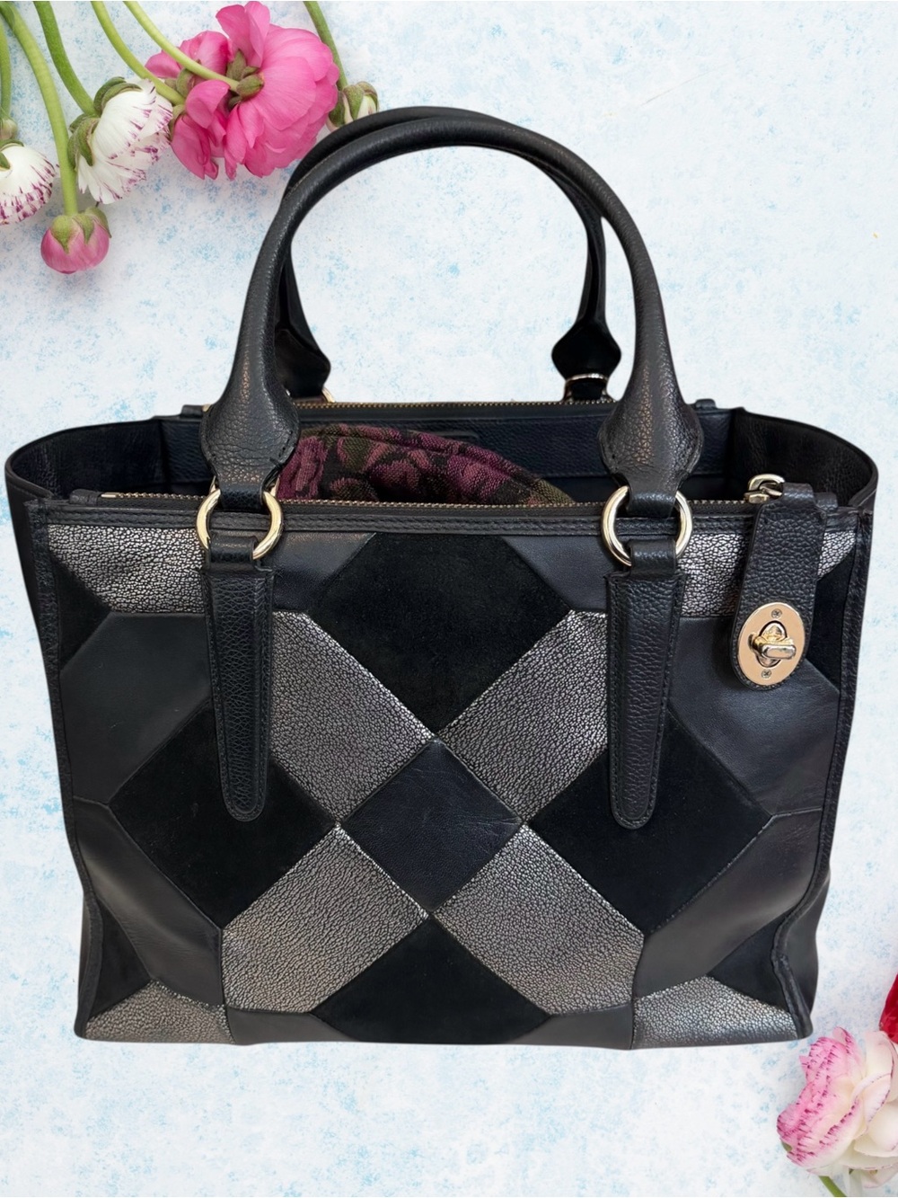 Coach Crosby Black and Grey Metallic Patchwork Leather Tote Bucket-Purse - Picture 16 of 16